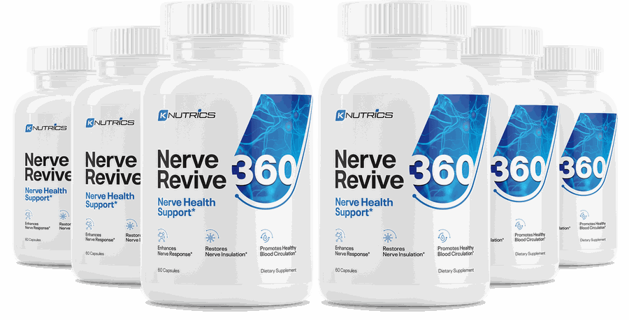 Nerve Revive 360 6-bottle package, white bottles with blue nerve health support label